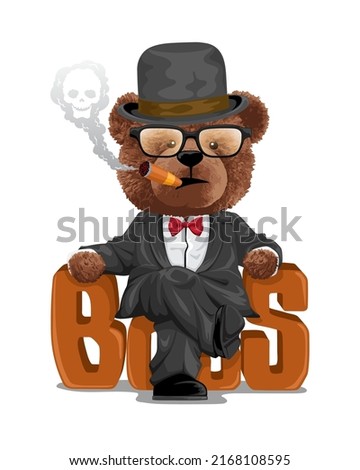 Vector illustration of teddy bear in suit wearing bowler hat sitting on "boss" text while smoking