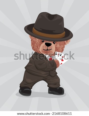 Vector illustration of teddy bear in suit wearing bowler hat holding aces playing card