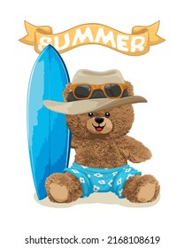 Vector illustration of teddy bear in summer clothes with surfboard