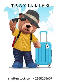 Vector illustration of teddy bear in traveler clothes with travel bag on world map background svg