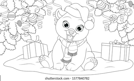 Vector illustration, Teddy bear under the Christmas tree in a hat and scarf, coloring
