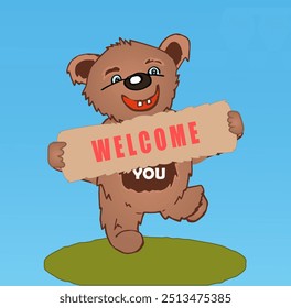 Vector illustration of a teddy bear walking with a poster in its paws. On poster text Wellcome.  