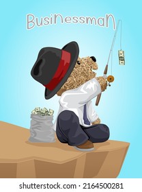 Vector illustration teddy bear wearing bowler hat fishing money from cliff