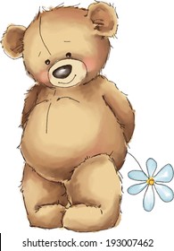 Vector illustration. Teddy bear with white flower.