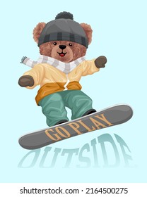 Vector illustration of teddy bear in winter clothing playing snowboard 