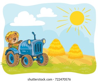 Vector illustration teddy bears tractor driver working on the field.