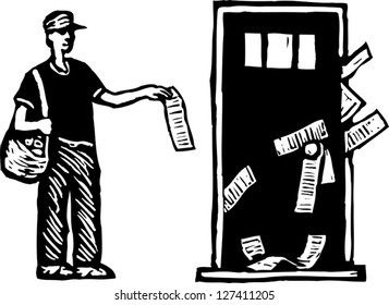 Vector illustration of teen boy delivering flyers to front doors
