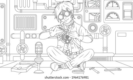 Vector illustration, teen boy fixes repairs part of a large mechanism, coloring book