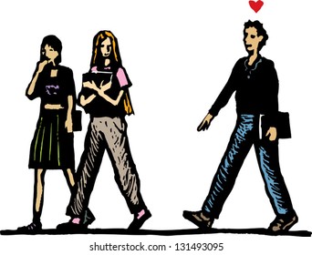 Vector illustration of teen boy in love following girl