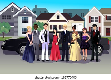 A vector illustration of teen in prom dress standing in front of a long limo