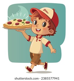 Vector illustration of a teenage boy carrying a pizza. Pizza delivery boy.