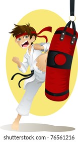 A vector illustration of a teenage boy practicing karate