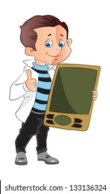 Vector illustration of teenage boy showing his new cellphone and giving thumbs up gesture.