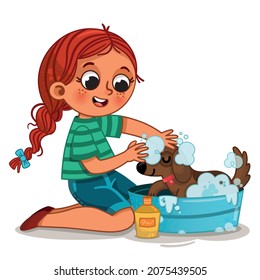 Vector illustration of teenage girl bathing her dog.