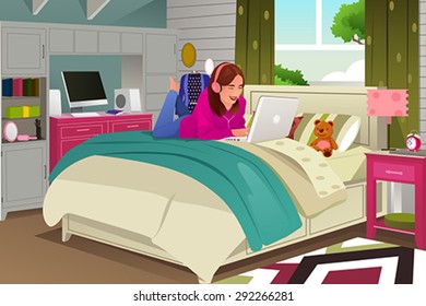 A vector illustration of teenage girl listening to music and working on her laptop