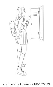 Vector illustration of a teenage girl opening her school locker. Schoolgirl in student uniform: shirt, jacket, tie, pleated skirt, stockings, sneakers.