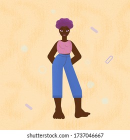 Vector illustration of a teenage girl in pants with bare feet standing with hands behind her back against a background of abstract geometric shapes. Flat design.
