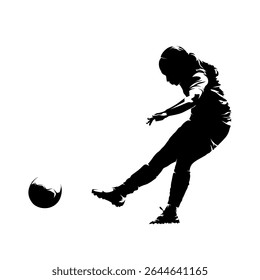 Ilustração vetorial de uma adolescente jogando futebol, chutando a bola e atirando no gol em vista lateral. Alto contraste, pose dinâmica.