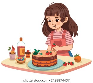 Vector illustration of a teenage girl preparing a cake.