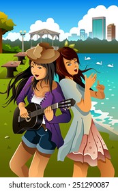 A vector illustration of teenage girls singing and playing guitar together in a park