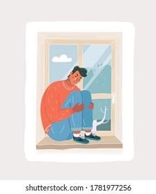 Vector illustration of Teenage man crying depressed at the window clutching knees and feeling lonely. Concept of stress disorder and psychological trouble due to social deprivation and home isolation