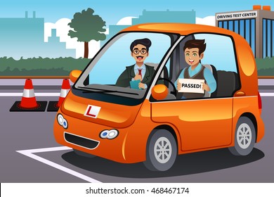 A vector illustration of teenager driver passes driving test and holding his driver's license