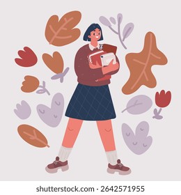 Ilustração vetorial da estudante russa adolescente isolada sobre fundo roxo com polegares para cima gesto e sorrindo