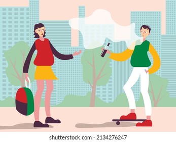 Vector illustration - teenagers - a boy and a girl are standing on a city street and vaping an electronic cigarette letting off steam from their mouths. Concept - bad habits
