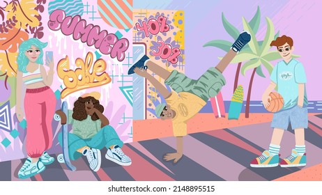 Vector illustration with teenagers characters having fun in the street. Two girls and two guys. Modern street style. Summer sales.
