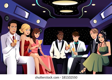 A Vector Illustration Of Teenagers Going To A Prom Party In A Limousine