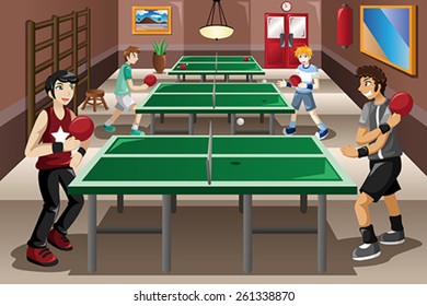 A vector illustration of teenagers playing ping pong