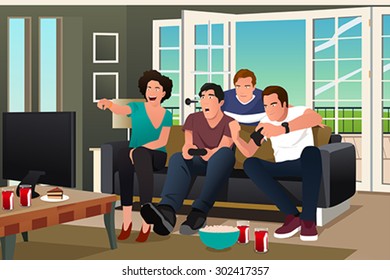 A Vector Illustration Of Teenagers Playing Video Game With Friends Watching