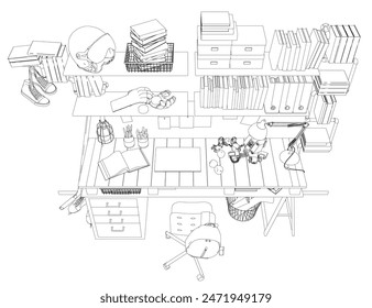 Vector illustration of a teenager's room interior made of black lines isolated on a white background. A table with many books, educational supplies and sports equipment. 3D.