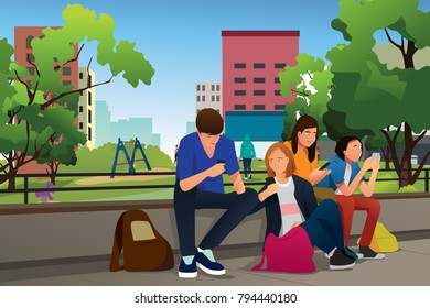 A vector illustration of Teenagers Using Their Phones Outdoor 