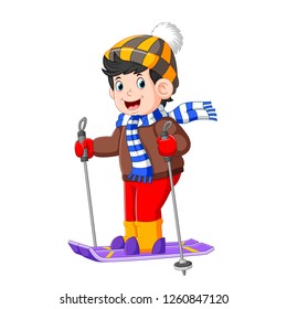 Ilustración vectorial de un muchacho adolescente está de pie en su patineta sobre hielo con la buena pose