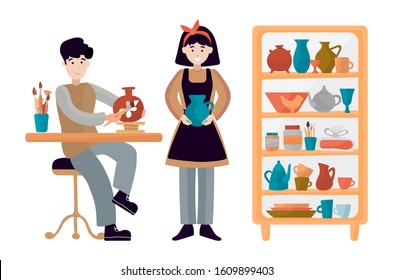 Vector illustration of teens create a vase in a ceramic workshop. A boy paints a pattern on a jug, a girl shows her creativity. Cupboard with ceramics Isolated on a white background.