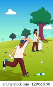 A vector illustration of Teens Picking Up Trash in the Park 