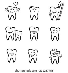 Vector illustration of teeth with character. Black and white