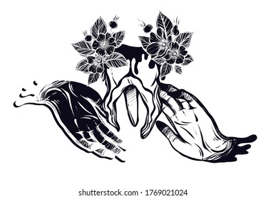 Vector illustration. Teeth and hands, rose hips, print on t-shirt, line art style, Handmade, tattoo