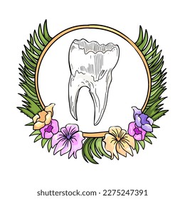 Vector illustration of teeth. Realistic human tooth in floral frame. Frame from flowers, small leaves or grass. Isolated on white. For print, package, designers, clothes, interior, icon, dental logo