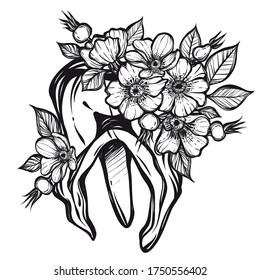 Vector illustration. Teeth surrounded by rose hip flowers, print on t-shirt, line art style, Handmade, tattoo