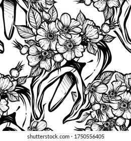 Vector illustration. Teeth surrounded by rose hip flowers, line art style, Handmade, light  background, seamless pattern