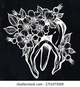 Vector illustration. Teeth surrounded by rose hip flowers, print on t-shirt, line art style, Handmade, background  chalkboard