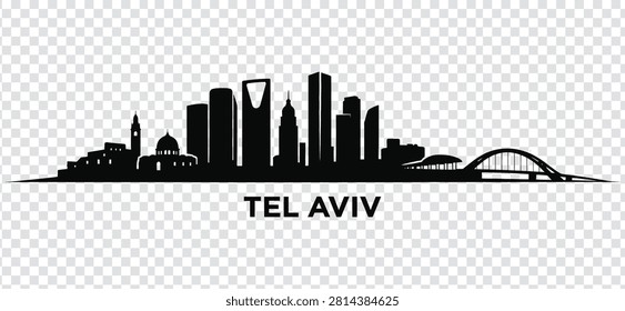 Vector illustration of the Tel Aviv city skyline silhouette. Detailed urban landscape with iconic buildings and landmarks, isolated design element.