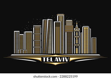 Vektorgrafik von Tel Aviv, dunkle horizontale Karte mit linearem Design, berühmtes Stadtlandschaftsbild "Israel" auf dunklem Sternenhimmel-Hintergrund, urbanes Kunstkonzept mit dekorativen Buchstaben für das weiße Hotel aviv