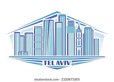 Vektorgrafik von Tel Aviv, dekoratives horizontales Abzeichen mit linearem Design, berühmtes Stadtlandschaftsbild "Israel"auf Tageshintergrund, Konzept der urbanen Linien mit einzigartigem Pinselsatz für Text tel aviv