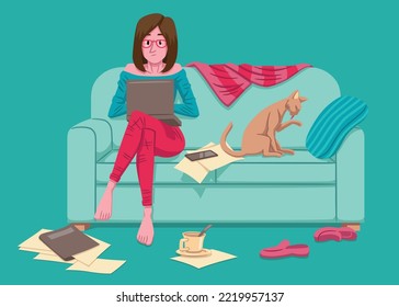 Vector illustration of tele working, in which there is a woman with a laptop sitting on a sofa, with a cat next to and various objects on the floor such as a cup, shoes and a sheet of paper.