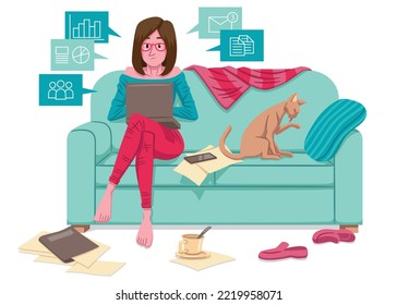 Vector illustration of tele working, in which there is a woman with a laptop sitting on a sofa, with a cat next to and various objects on the floor such as a cup, shoes and a sheet of paper.