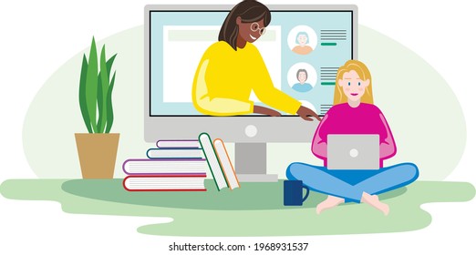 vector illustration of telecommuting, two girls chatting online