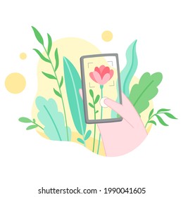 Ilustración vectorial de un teléfono en la mano. Un hombre toma una foto de una flor en un dispositivo móvil. Aislado sobre fondo blanco.